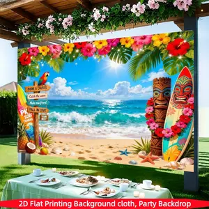 Tropical Hawaiian Party Background Banner, Summer Beach Party, Tropical Flower Palm Leaf Surfboard Background, Polyester Material, Suitable for Luau Aloha Party Decoration, Photo Booth Props, Festival Decoration, Festival Party Supplies, Home Decoration