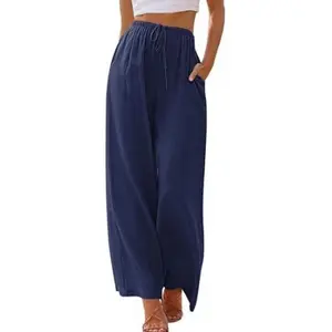 Women's Cotton Linen Herringbone Casual Trouser - Mid Waist Pants, Plus Size, Loose Drawstring, Pocketed, Dry Clean Pants, Flowy Wide Leg, Comfortable Basic Fit for Beach, Pilates