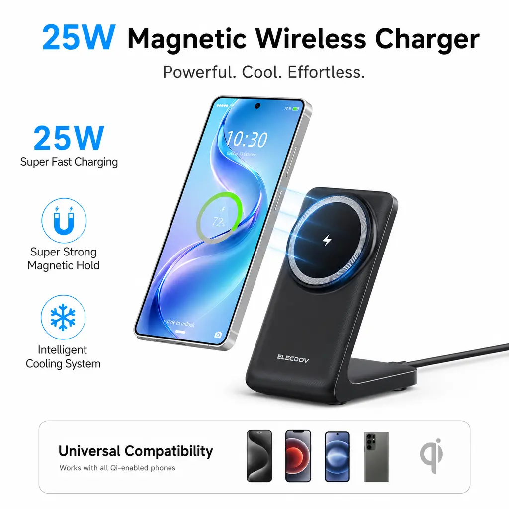 Super-fast 25W high-power multifunctional wireless charging station; supports Apple, Samsung, and Android devices; compatible with iPhone 18/17/16/15/14/13/12/10/9/8; Functions as a stand; compatible with all devices.ce22