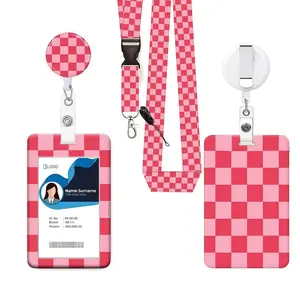 Plaid Adjustable Badge Roll with Lanyard and ID Card Holder, Cute Checkered Design, Name Tag Stand for Nurses, Teachers, Office Staff
