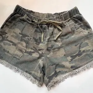Camo Print Raw Hem Drawstring Lounge Shorts Olive Charcoal Women's Comfortable Casual Wear  XL