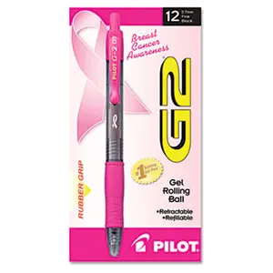 PILOT G2 Pink Ribbon Retractable Gel Ink Pen - Fine Point, Black Ink, Smear-Proof, 1 Dozen Fine Point Pens (Office Stationery Writing Tool)