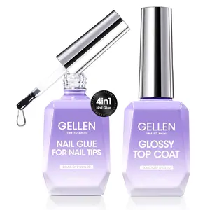 Gellen 4-in-1 Nail Glue Gel & No-Wipe Gel Top Coat – 18ml Long-Lasting Nail Adhesive for Nail Tips, Rhinestones & Base Coat Use Acrylic Clear