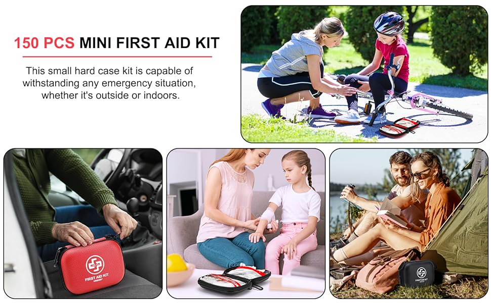 Mini First Aid Kit - 150 Piece Small Waterproof Hard Shell Medicait for Home, Car, Travel, Camping, Truck, Hiking, Sports, Office, Vehicle & Outdoor Emergencies- Small First Aid Medicait (Red)