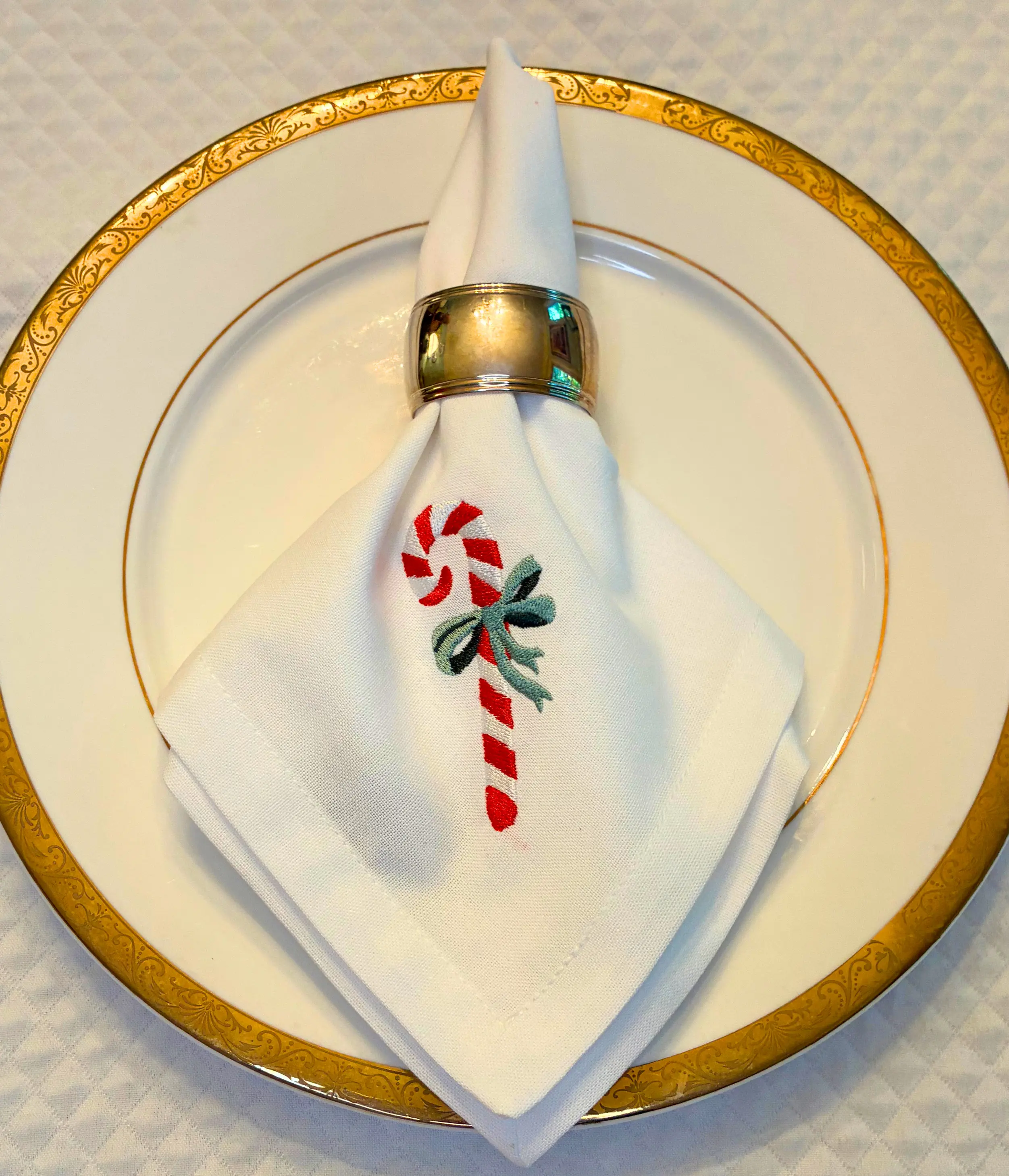 Holiday Candy Cane Embroidered Linen and Cotton Dinner Napkins