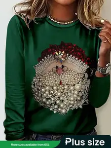 Plus Size Women's Christmas Graphic Long Sleeve T-Shirt, Casual Holiday Print Tee, Comfortable Stretch Fabric, Perfect for Winter Wear