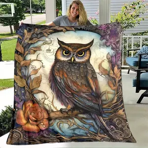 1Pc Retro Owl Thin Blanket - Lightweight Flannel Throw For Sofa, Bed, Travel, Camping, Livingroom, Office, Couch, Chair, And Bed - Digital Printing Fleece Blanket With Soft And Warm Flannel Fabric