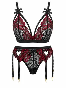 Women's 3-Piece Heart Cut-Out Lace Lingerie Set - Floral Embroidery Bra, Panty, Adjustable Garter Belt - Sultry Strappy Underwear in Bestselling Summer Colors, Lingerie Women