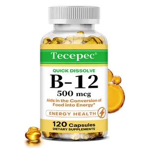 Tecepec Edible Dietary B12 Healthcare Supplement Capsules - 500mcg, 120 Count, Quick Dissolve, Daily Energy Support, Optimum Brain & Cardiovascular Health