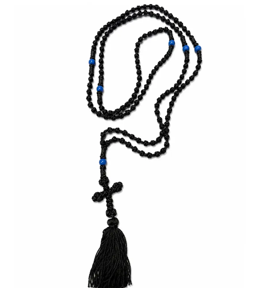 150 Knot Prayer Rope with Tassel & Blue Beads – Handmade in Albania