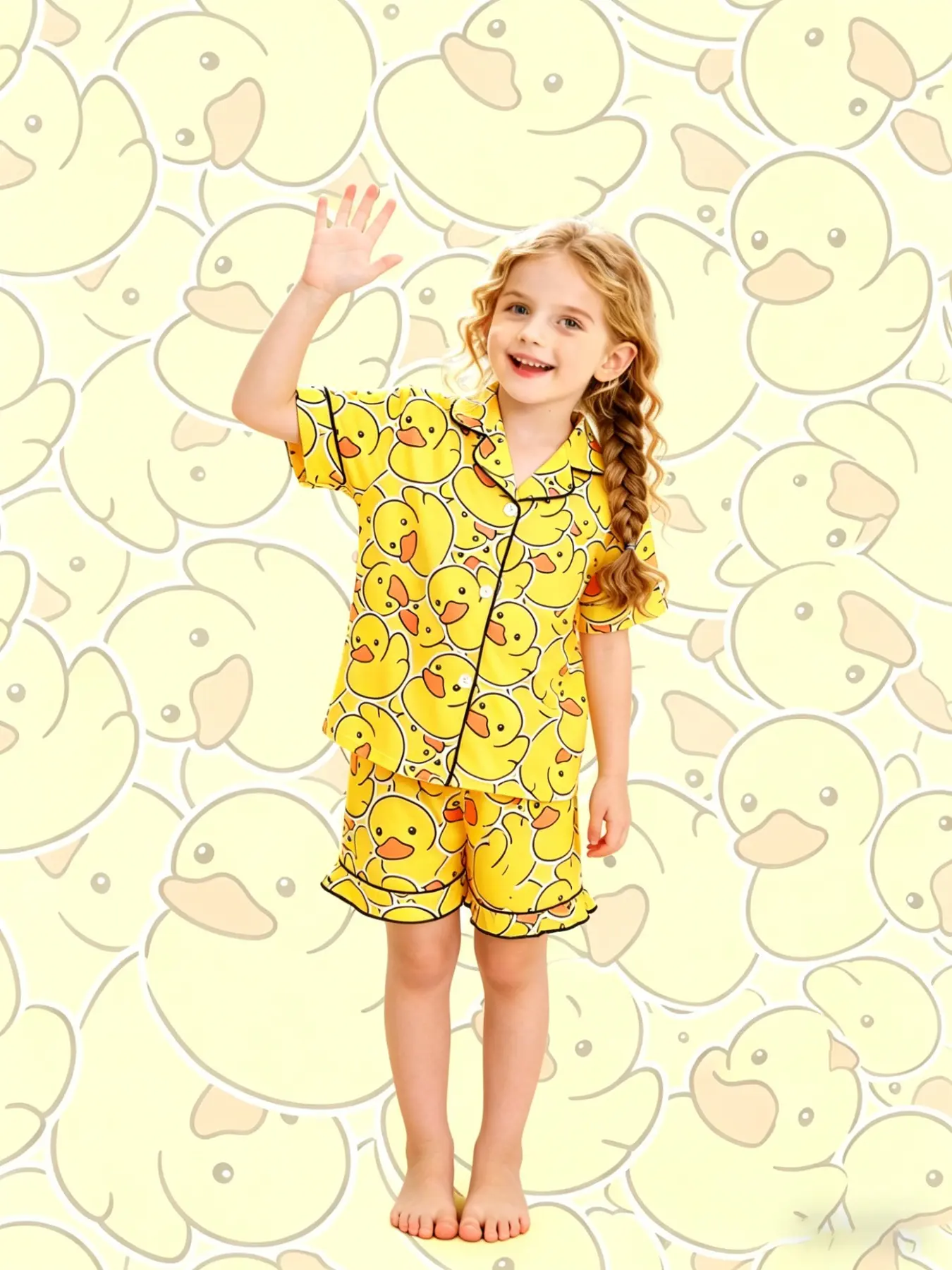 2-piece set of children's yellow bottom small yellow duck pattern printed short sleeved shorts with soft collar design, button closure elastic waistband, home daily casual sleepwear set, Duck Pjs