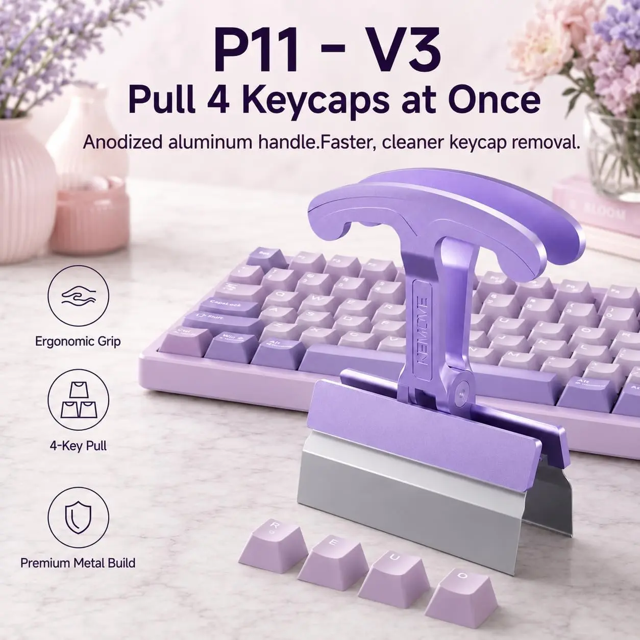 [Restock] KEMOVE P11-V3 4-Key Metal Keycap Puller with Aluminum Alloy Grip, Anodized Finish, Multi-Key Tool for Keyboard Build & Modding, Repair Accessory for Keyboard Enthusiasts
