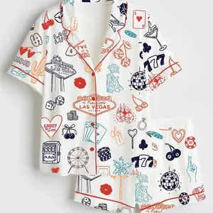Las Vegas Wedding Casino Party Short Sleeve Satin Pajama Set, Family Pajamas Satin Set, Gift For Wedding Casino, Christmas Shirt Las Vegas