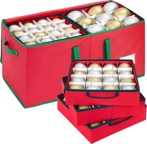 Large Christmas Ornament Storage Box With Adjustable Dividers, Ornament Storage Container with 8 Removable Trays for 128 Holiday Decorations, Red