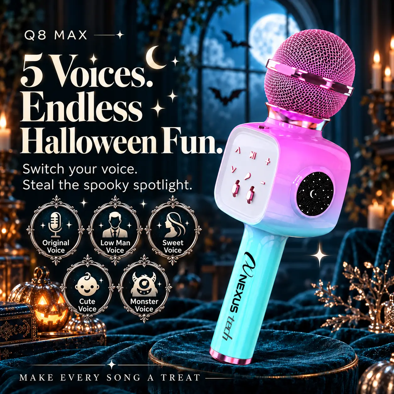 NEXUS Tech Q8 Max Handheld Wireless Karaoke Microphone with Star Projection Lights, Bluetooth 5.2, 5W Built-in Speaker & Amplifier, Voice Changer, Rechargeable Portable Mic for Smartphone & Devices, Women’s Birthday Gifts