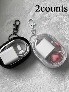 Transparent Plastic Storage Bag, 2-Pack Portable Earbud & Cable Organizer, Durable Mini Electronic Earbud Travel Case with Keychain Accessory