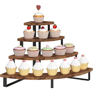 Cupcake Tier Stand, Wooden Cup Cake Stand Stairs, 4 Tier Dessert Table Display Set for Cookie  Candy Donut, Display Riser for Vendors Craft Show, Rustic Brown Curved Corner