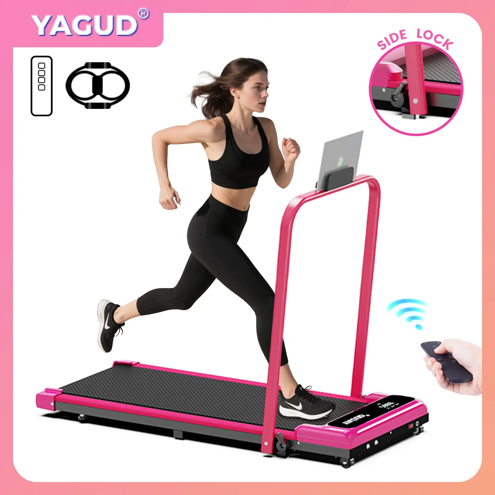 【New Arrival】YAGUD Electric Folding Treadmill with Handrail, Low-Noise Motor – 265lbs Weight Capacity Spacious Belt Walking Pad, Dual Shock Absorption