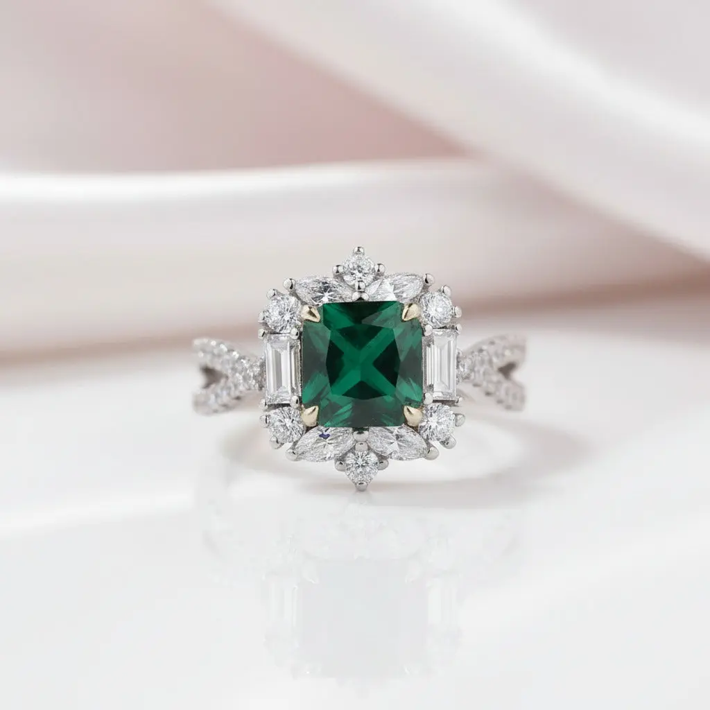 Vintage Twist Emerald Green Princess Cut Engagement Ring