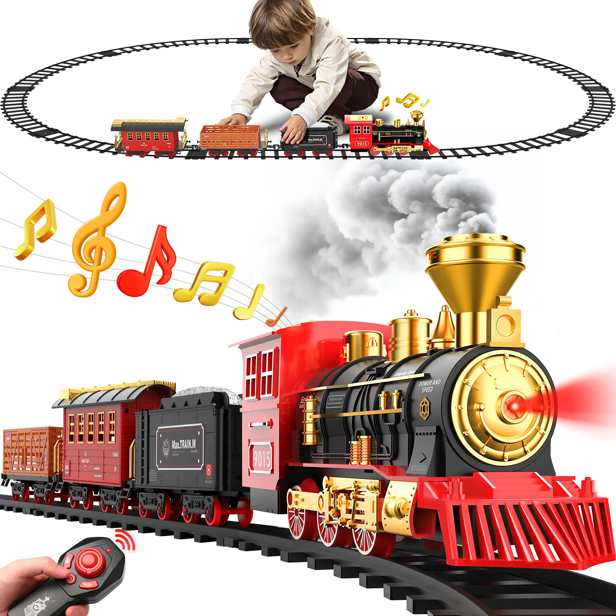 Hot bee RC Classic Train Set with Remote Controller for Kids 4-7 years Old,Train Toys for Boys with Smokes, Lights and Sound,Toy Train Set for Under Christmas Tree, Toddler Model Trains for 3 4 5 6 7 8+ Years Old Kids Christmas Toys Gifts