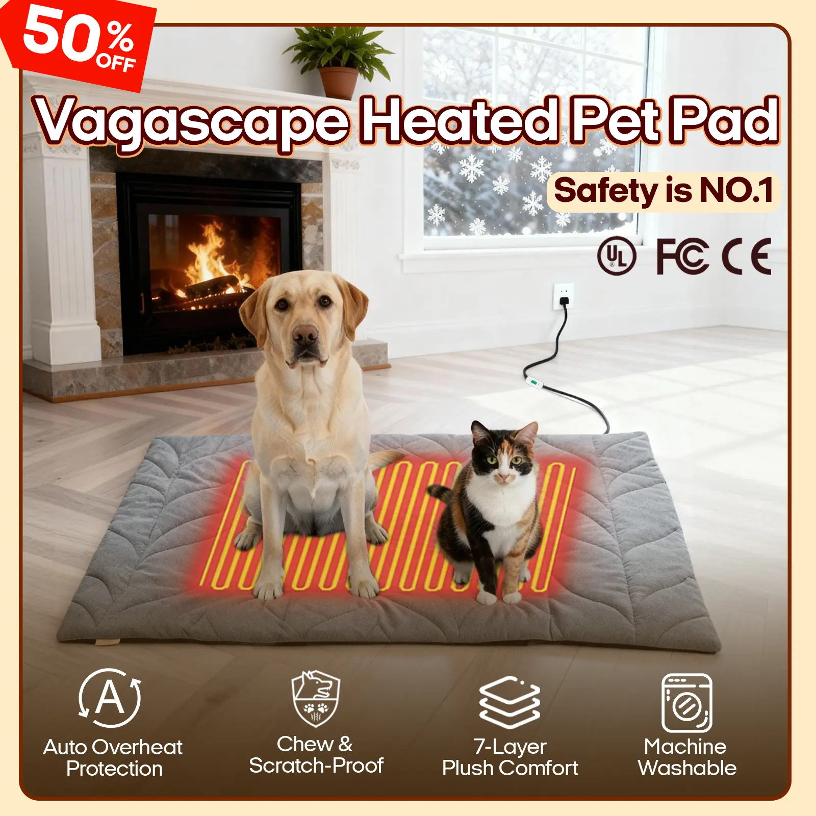 Vagascape Safety First Heated Pet Bedding Mat - 7-Layer Safety Design, Auto Overheat Protection, Chew-Resistant Cord, Waterproof Seal, Side Zipper for Quick Cleaning, Machine Washable, Ideal for Indoor Use