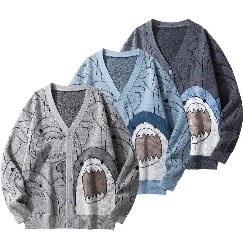 Unisex Trendy V-Neck Button-Up Cardigan Featuring Playful Shark Cartoon Jacquard Knit Design. Crafted from premium soft fabric, this stylish loose-fit sweater offers ultimate comfort and a unique Knitwear Tops Womenswear Casual Fabric Knitwear Clothes