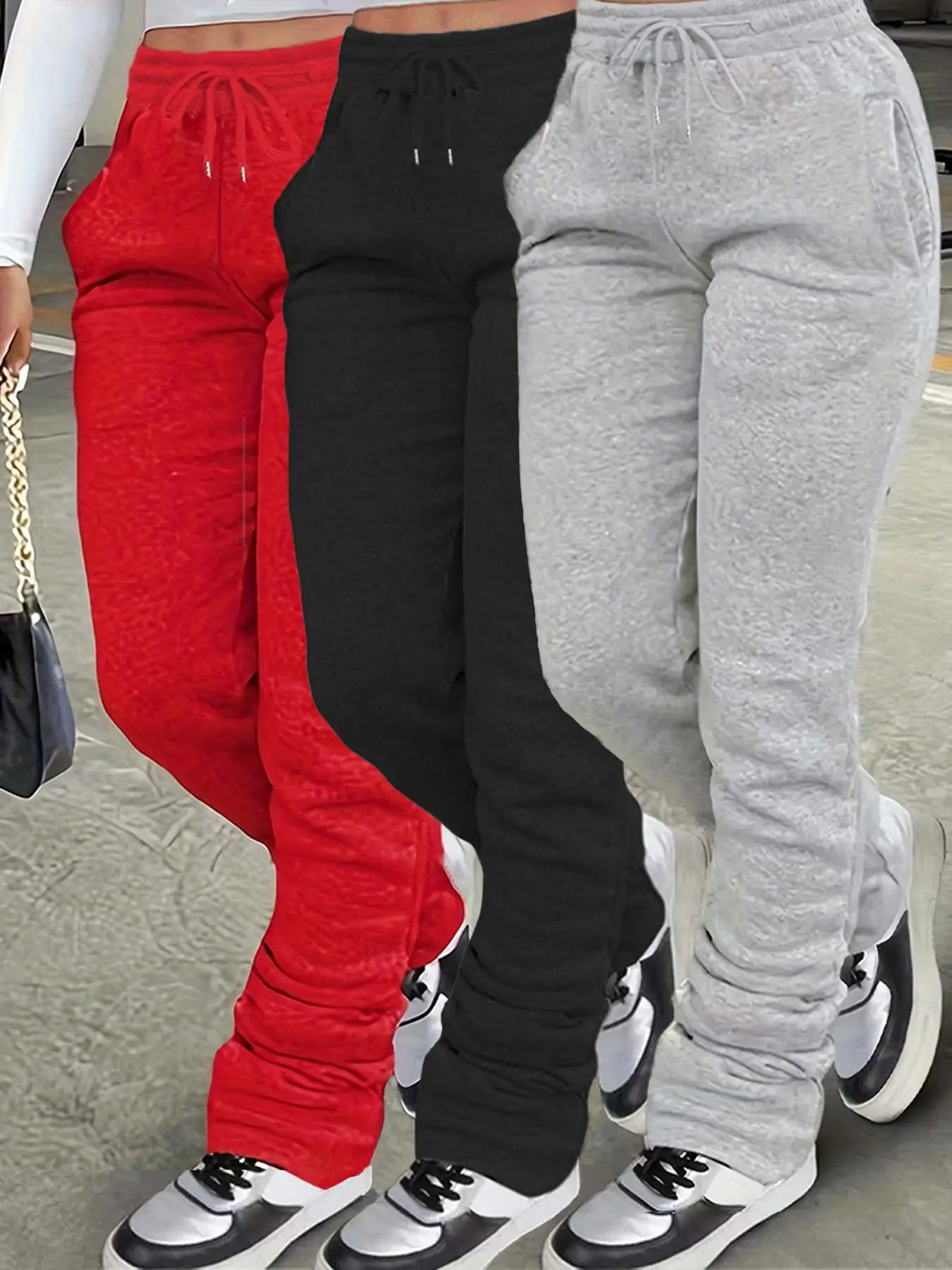 Women's Plain Pocket Drawstring Sweatpants, Casual Comfy Elastic Waist Jogger Pants for Daily Wear, Drawstring Stackable Pants for Tall Girl, Baggy Pa