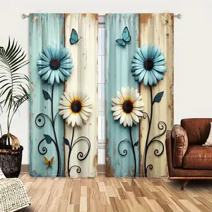 2pcs Window Curtains, Whimsical blue & white flowers with scrolling black stems & blue butterflies on distressed light blue & cream wood planks.Window Drapes for Bedroom Living Room, Rod Pocket Window Treatment, Room Decor Curtain