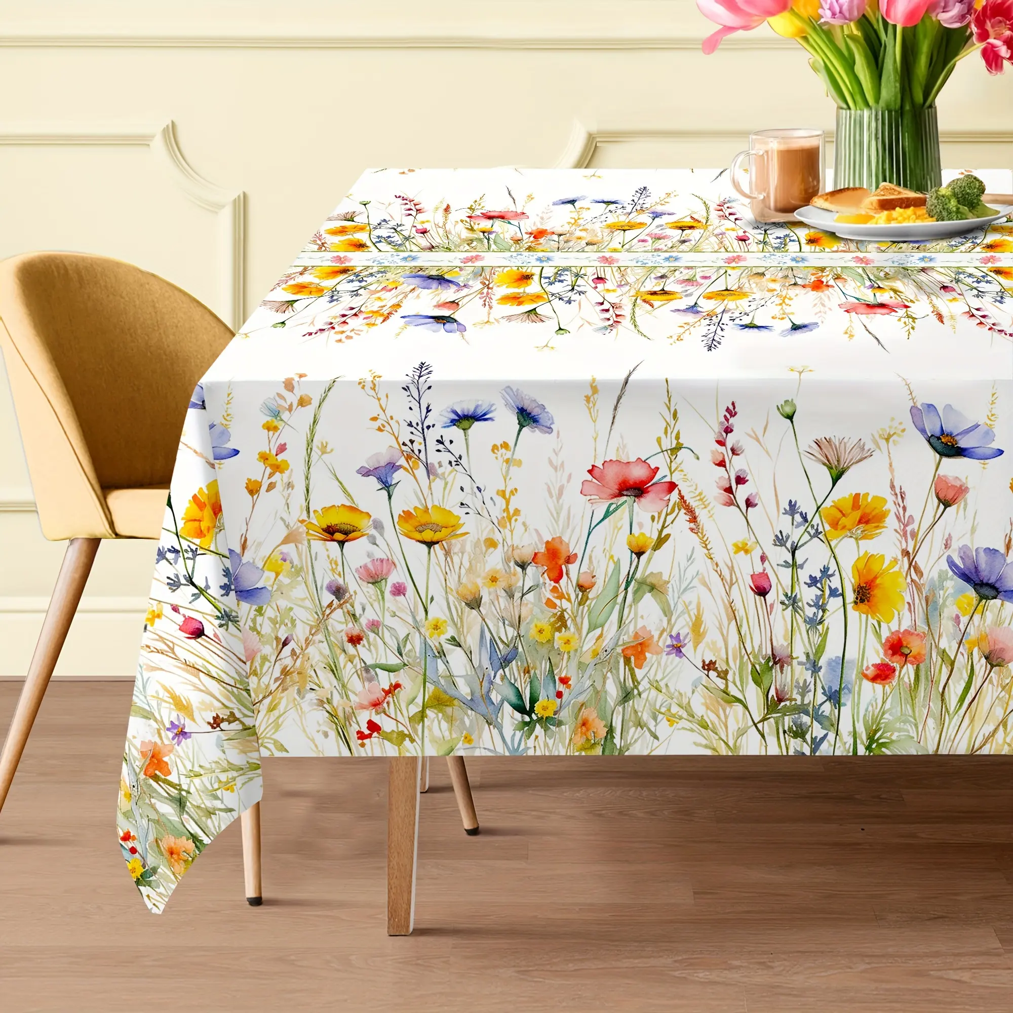 Spring Floral Pastoral-Themes Tablecloth for Dining Table - Waterproof, Washable Table Cover for Kitchen Easter Brunch Farmhouse Home Decor by summerwins