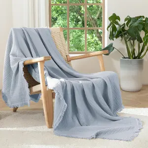 Muslin Blanket - 100% Cotton 4-Layer Gauze Throw Blanket with Tassels-Soft Breathable Lightweight Cooling for Bed Couch (Dusty Blue,Throw 60" x 50")