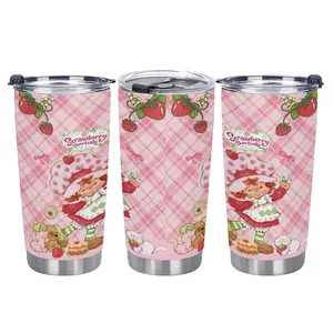 20oz Stainless Steel Tumbler Strawberry Shortcake Pattern Insulated Water Bottle Stainless Steel Thermos Drinking Cup Home Office School Gift Drinkware Summer Cool Bottle TikTok Viral Leakproof Reusable Eco Travel Mug Gift Idea