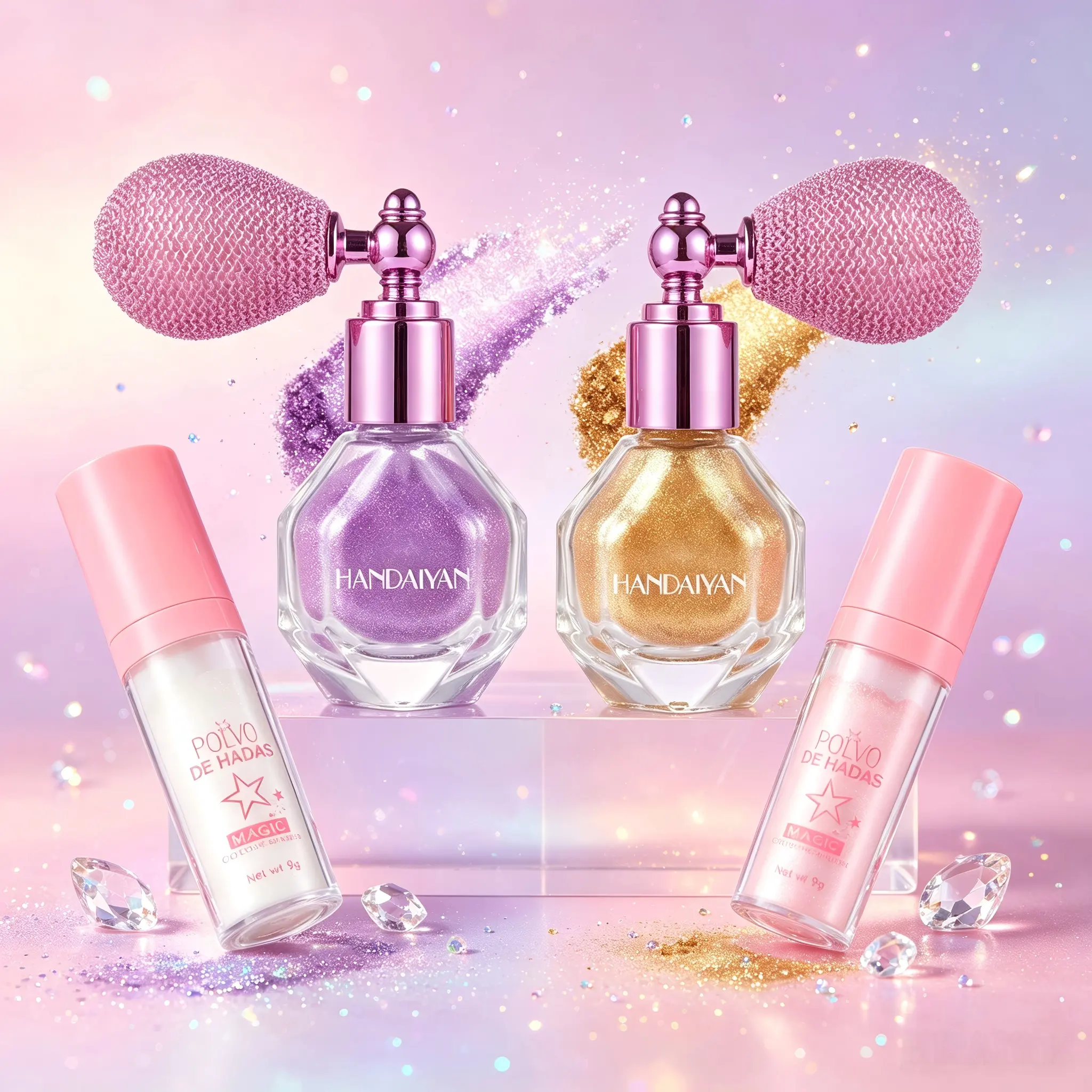 Magic Sparkling Highlighter Makeup Powder Shimmer Spray, Cosmetic Highlighter, Beauty Highlighters, Radiant Shimmer Long Lasting Body Glitter Spray, Multi-Use Cosmetic Product for Women & Girls SummerVibes Gift Party Bar - Pink White Gold Purple