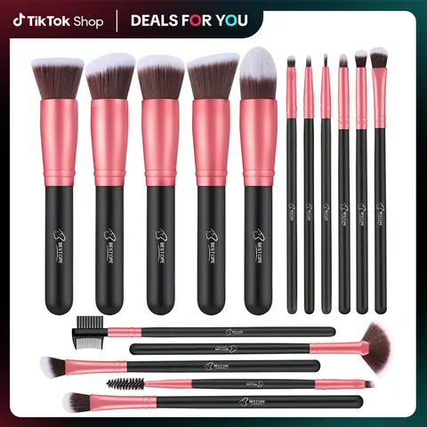 BESTOPE PRO 16-Piece Black Rosegold Cosmetic Brush Set - Advanced Synthetic Brushes for Precision Powder, Foundation, Concealer, Eyeshadow, Eyeliner, Portable Travel Beauty Tool Kit, Eyeshadow Brush