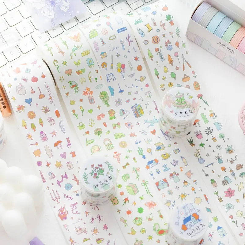 Mini Doodle Series Tape Cut and Paper Tape 200cm/roll, Handmade Scrapbook Accessory DIY Craft Supplies, Planner Album Greeting Card Calendar Decoration, Diy Sticker Paper