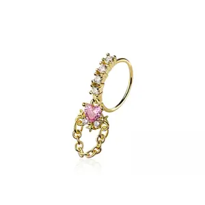 CZ Crystal Heart with Dangling Chain Bendable Nose Ring - 316L Stainless Steel