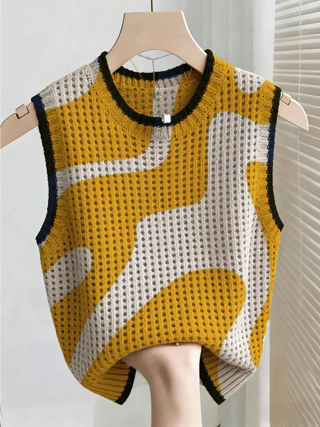 Casual Style Summer Printed Sleeveless Loose Knit Top, Loose-Fit Round Neck Vest, Women's Beachwear, Cover-Up Top, Fashion Vest Sleeveless