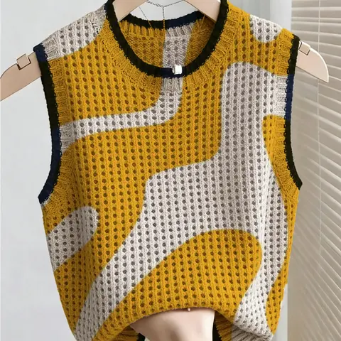 Casual Style Summer Printed Sleeveless Loose Knit Top, Loose-Fit Round Neck Vest, Women's Beachwear, Cover-Up Top, Fashion Vest Sleeveless