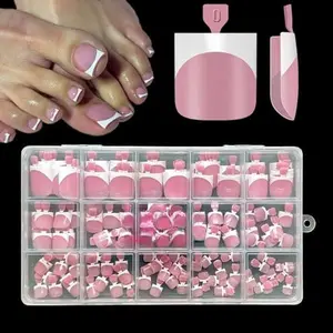 French Tip Toe Nail Tips Press on Sharp Square Pre-Designed Soft Gel False Toenail Extension,Berry Pink Full Cover Acrylic for DIY 15 Sizes,Spring Nail