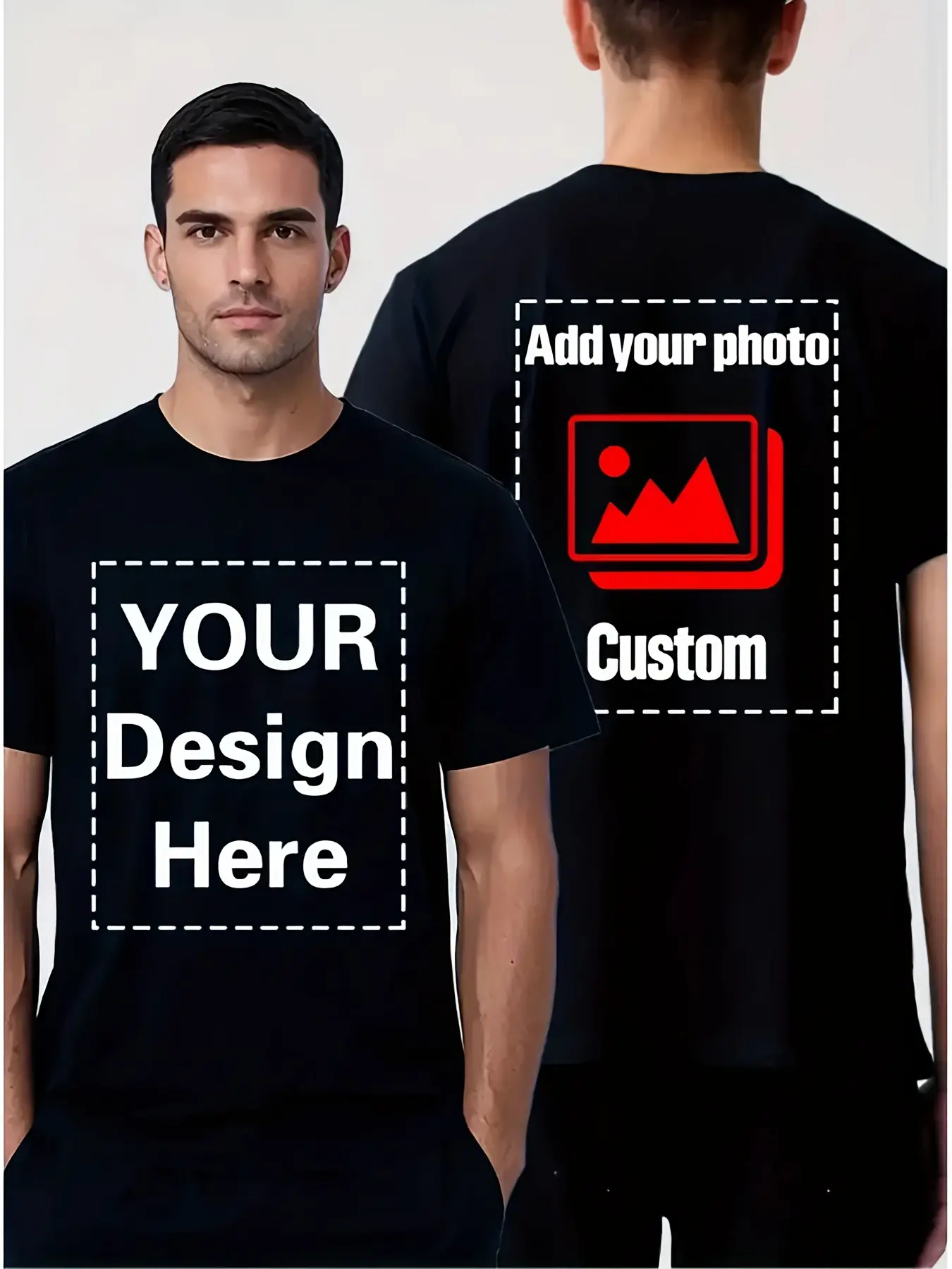 Custom T-Shirt Personalized Front and Back Double Print Solid Color Tee Add Your Image Photo Design Unisex Adult Crew Neck Short Sleeve Black Breathable