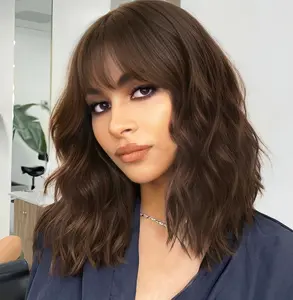 Curly Bob Wig with Bangs 14inch Short Wavy Dark Brown Wigs for Women Shoulder Length Synthetic Heat Resistant Bob Wigs Daily Party Use
