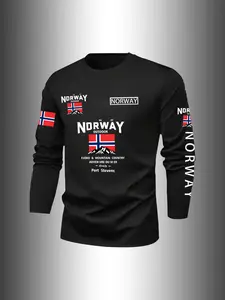 Norwegian Flag Print Long Sleeve T-Shirt, Comfortable Fabric, Casual Style, Aesthetic, Fitted Design, Fall & Winter Wear, Men's Daily Commute