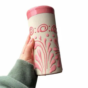Pink Cielito Lindo Ceramic Jarrito Cup - Reusable Clay Design, Ideal for Coffee Drinking - Reuse, Drinkware, Washable Traditional Ceramic, Handmade & Decorated, Lead Free, Keeps Hot/Warm, 14oz Capacity - Tumbler Mexican mug ceramic mug