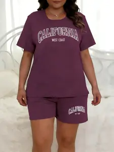 Summer New Casual Plus Size Letter Print Two-Piece Pajama Set, Short Sleeve and Shorts for a Refreshing Summer, Comfy Lazy Style Sleepwear