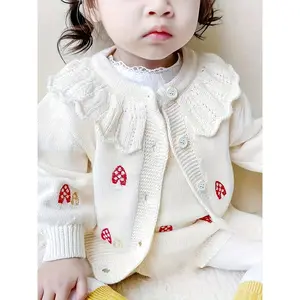 Children's Autumn 2024 Sweater Cardigan Toddler Fall Knitwear Pullover Baby Girl Clothing Spring/Autumn Outerwear with Ruffle Collar and Strawberry Embroidery