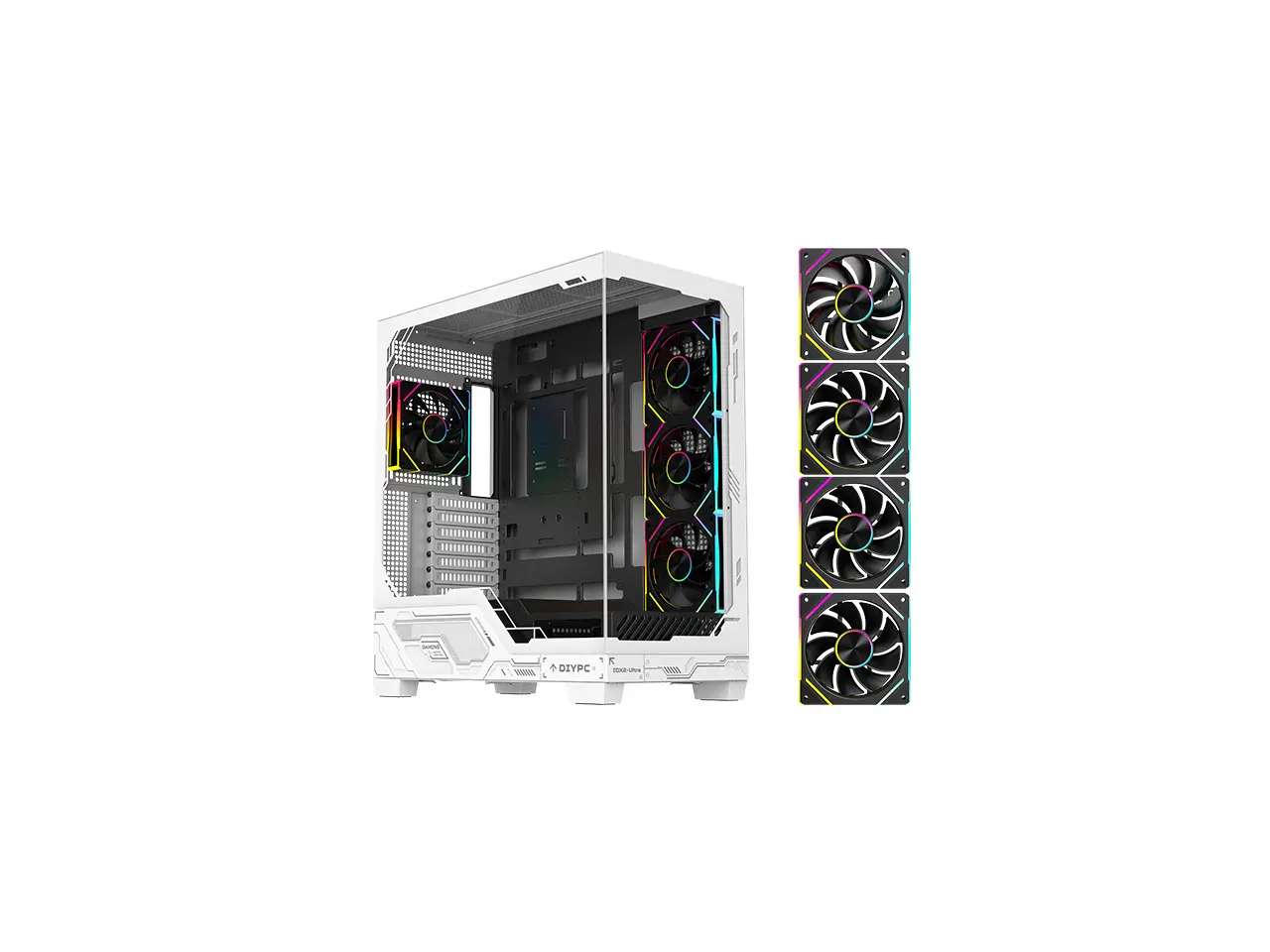 DIYPC IDX2-Ultra-ARGB White USB3.0/Type C Tempered Glass ATX Gaming Computer Case w/ Dual Tempered Glass Panel and 4 x ARGB PWM Fans (Pre-Installed)