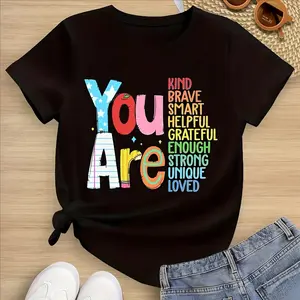 Cute 100% Cotton Motivational Crew Neck T-Shirt for Girls, Colorful Stars and Confetti Graphic, Soft Breathable Kids' Top, Perfect for Everyday Wear, All-Season Comfort