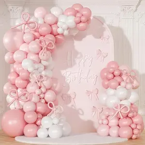 145 Pcs Pink & White Balloon Garland Arch Kit, Light Pink White Bow Balloons for Baby Shower Gender Reveal Wedding