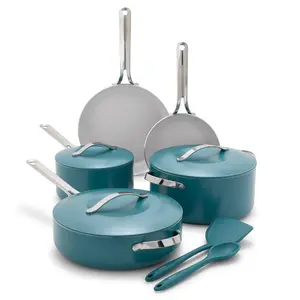 GreenPan 10PC Aluminum Set Fry Pan Stockpot 3.26QT 6.61QT Teal Ceramic Cookware