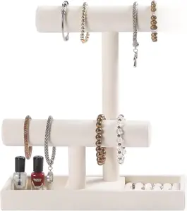2 Tier Jewelry Organizer Holder,Bracelet Necklace Stand with Rings Tray,Beige Velvet Jewelry Displays for Girls. Tree Boxes