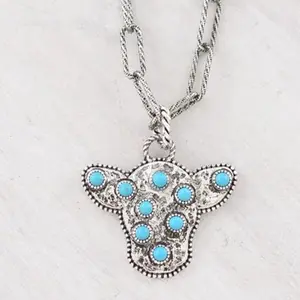 Western Cow Pendant Necklace - Available in Turquoise Color or Neutral Bling, Silver Finish with Blue Accents